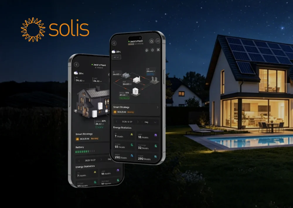 Two phones running a home-energy app, in front of a house with solar panels