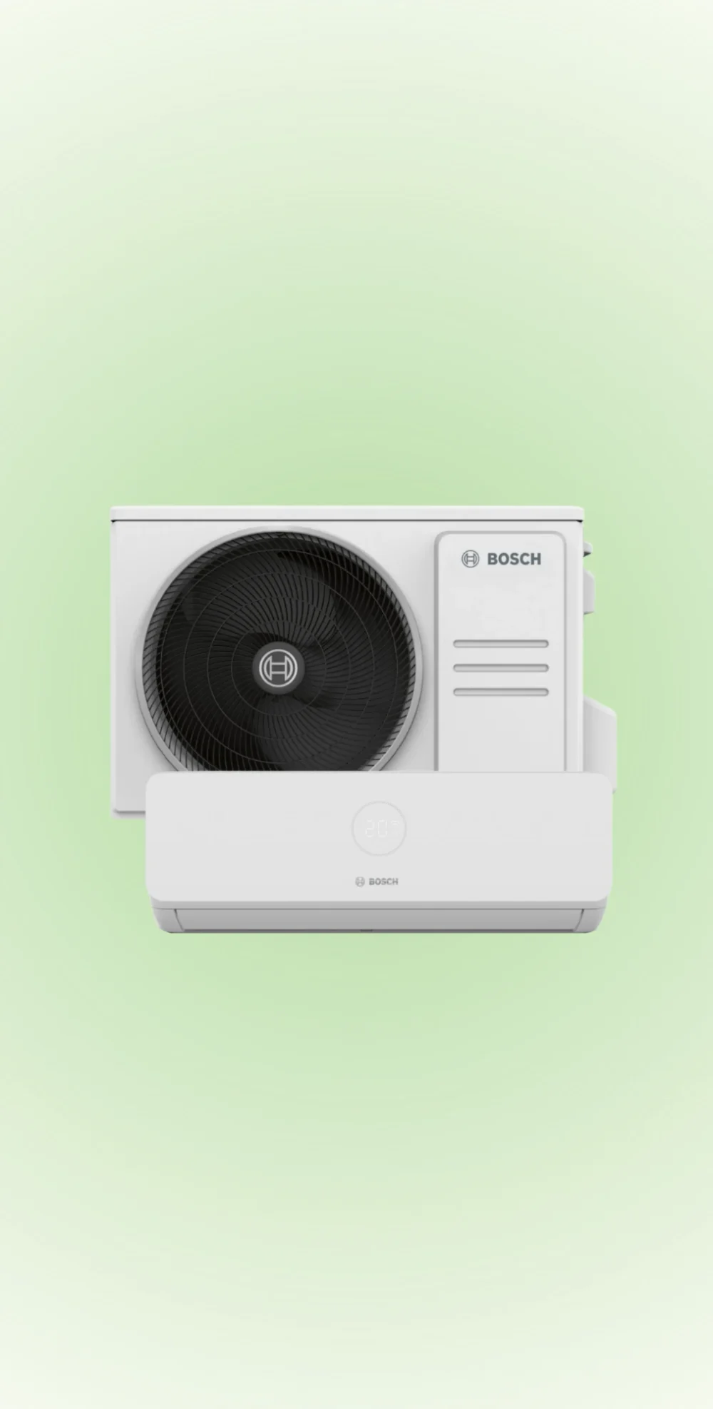 A Bosch outdoor unit with a Bosch indoor wall unit in front of it, on a pale green background