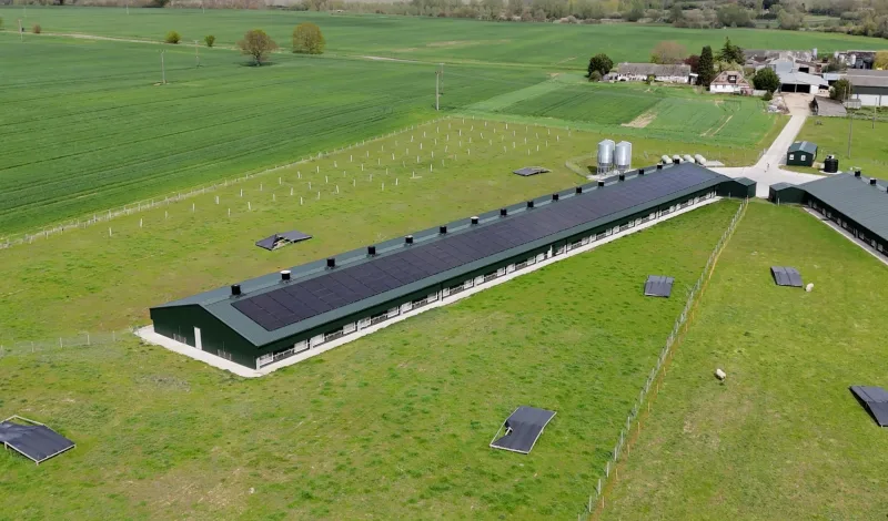 An aerial view of a long green livestock building with solar panels on one roof slope, in open pasture