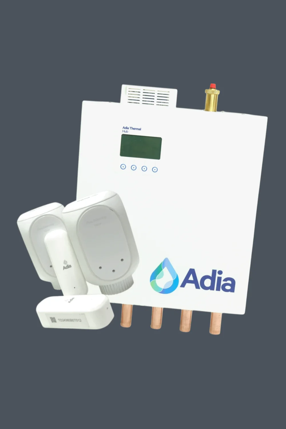 An Adia Thermal Hub with two flow-balancing valves and a sensor, on a slate grey background