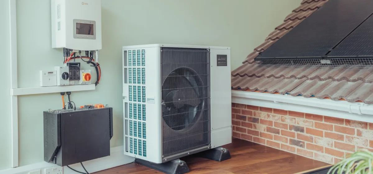 A heat pump beside a Solis inverter and battery in the Energy Shop showroom, next to a section of tiled roof with solar panels