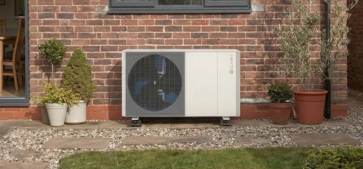 A Clivet heat pump on a red-brick wall with potted plants and a gravel garden