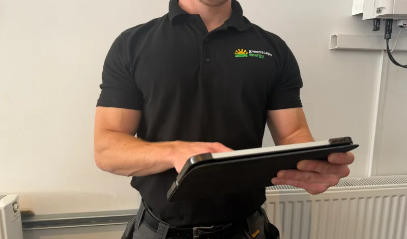 A Greenscape surveyor in a black polo shirt holding a tablet