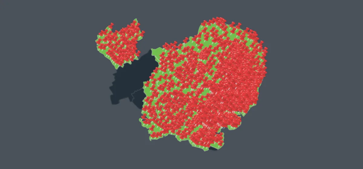 A map of East Anglia covered in red pins, one for each Greenscape installation