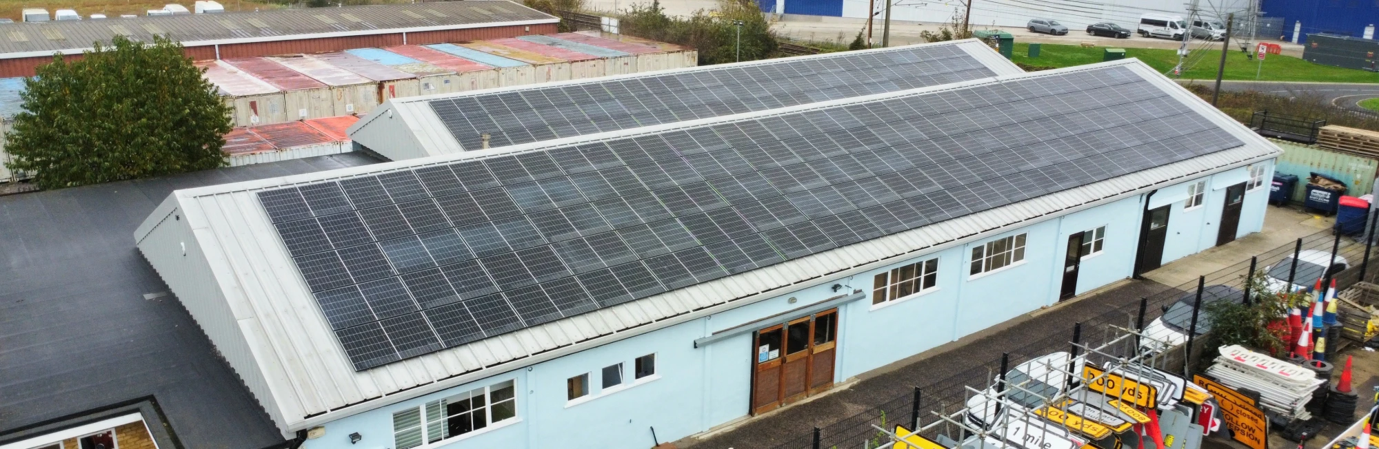 Industrial units with solar panels on their roofs