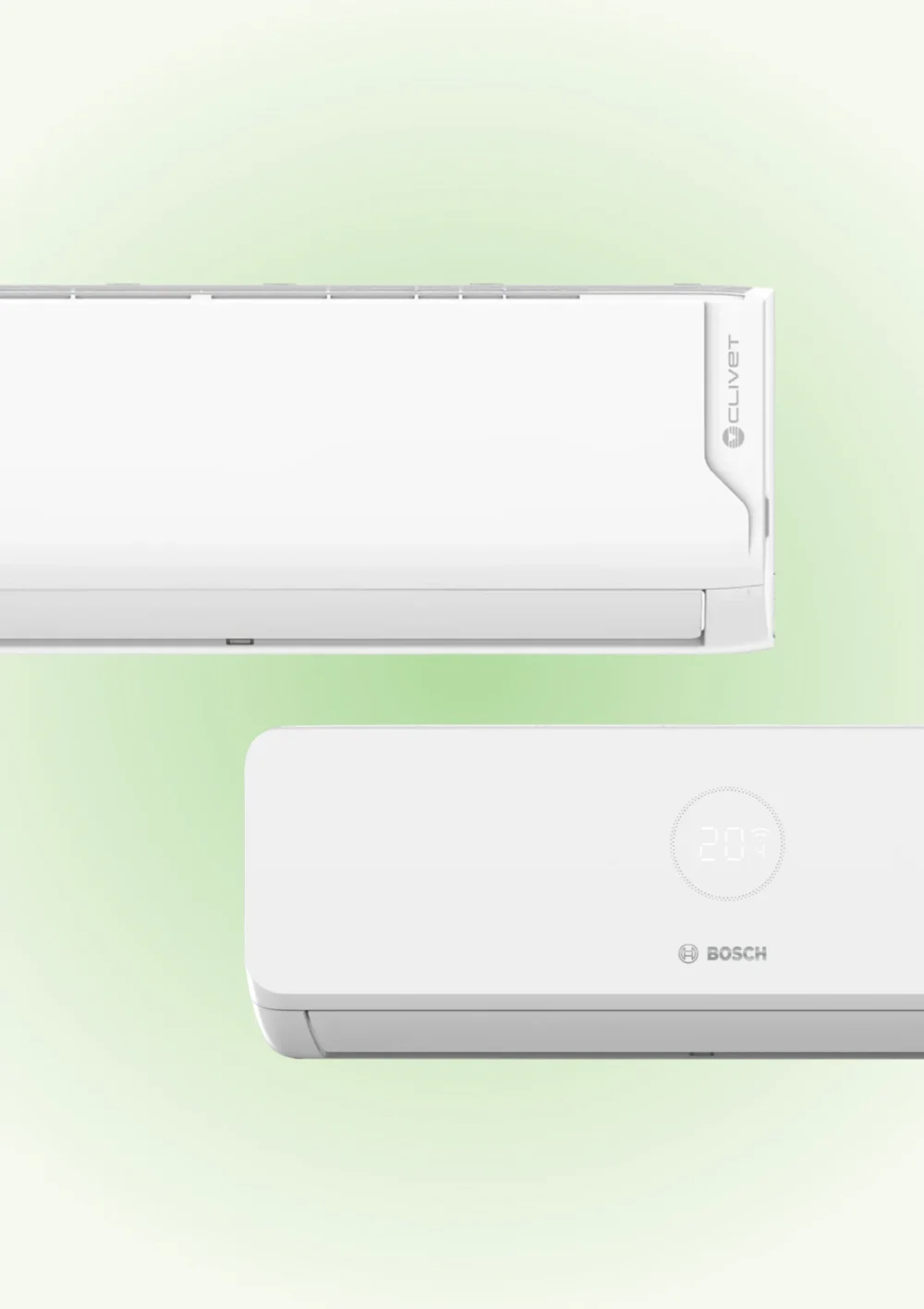 A Clivet and a Bosch wall unit side by side on a pale green background