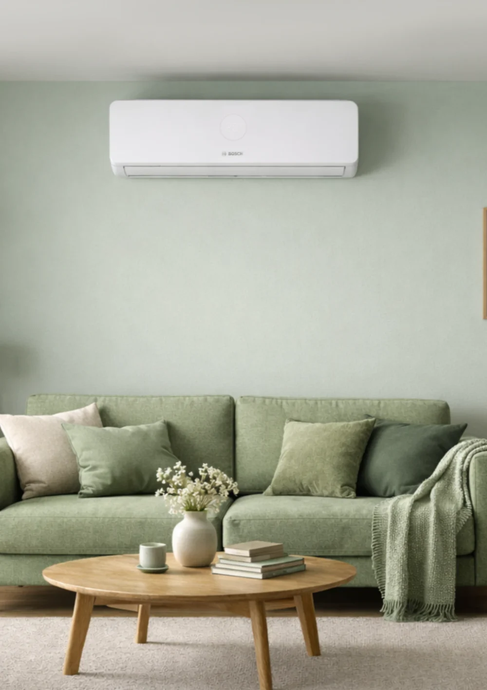A Bosch wall unit above a sage-green sofa in a living room
