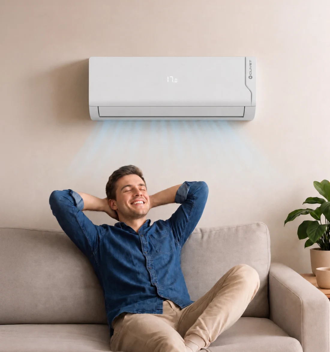 A man relaxing on a sofa under a Clivet wall unit blowing cool air