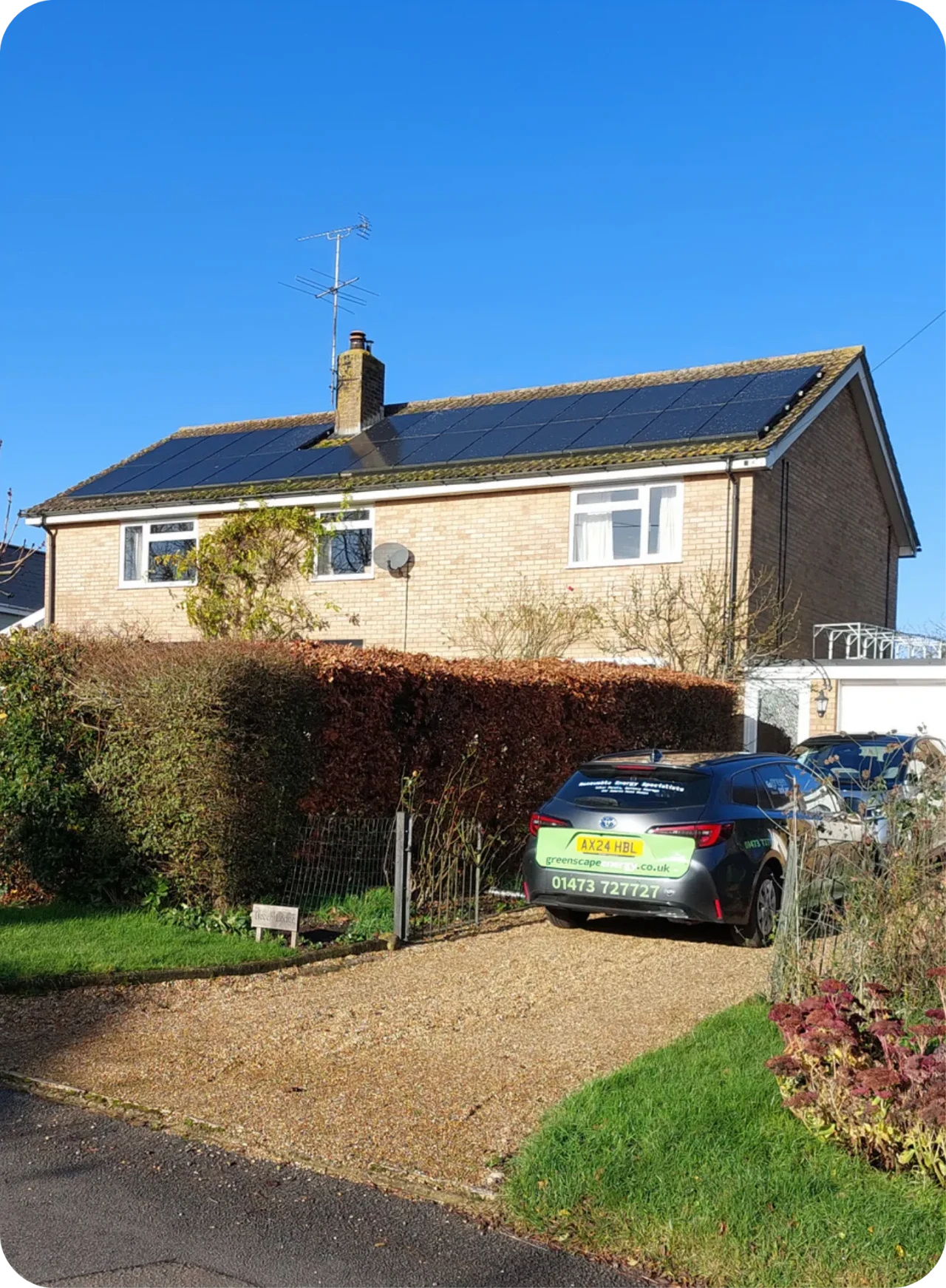 Solar PV installation on a Suffolk home with a Greenscape van on the drive
